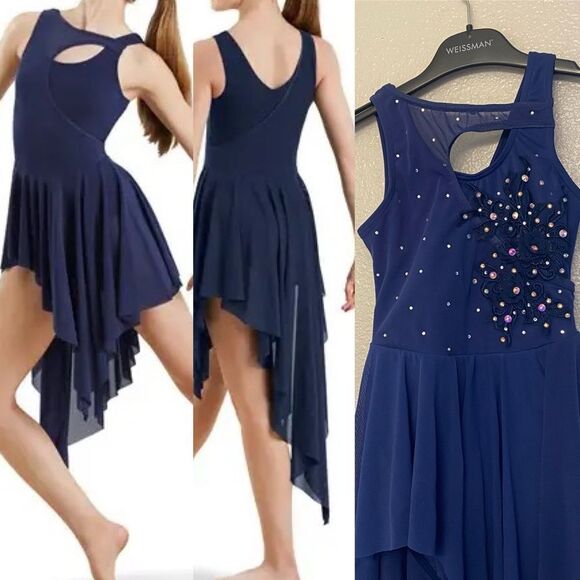 Weissman Balera solo custom dance costume blue Asymmetrical Mesh Dress D9723 IC - Picture 1 of 14